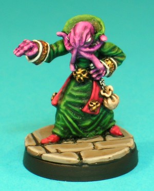 Pose 1, variant A. This Illithid is reaching forwards with his right hand, with his left held near his waist clutching a short chain connected to a cloth purse. He wears long robes with a high, stiff collar and ornate cuffs, and 2 short sashes hang from the front of his belt. This variant has 4 medium-length tentacles spread evenly around his face, with connecting webs visible between them.